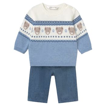 Younger Boys Blue & Ivory Teddy Bear Trouser Set