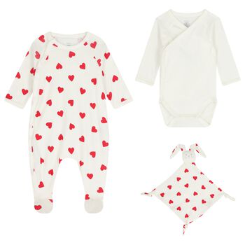 Baby Girls Ivory & Red Heart Babygrow Gift Set