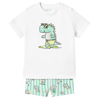 Younger Boys White & Aqua Dinosaur Swim Shorts Set