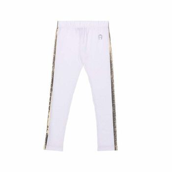 Girls White & Gold Logo Leggings