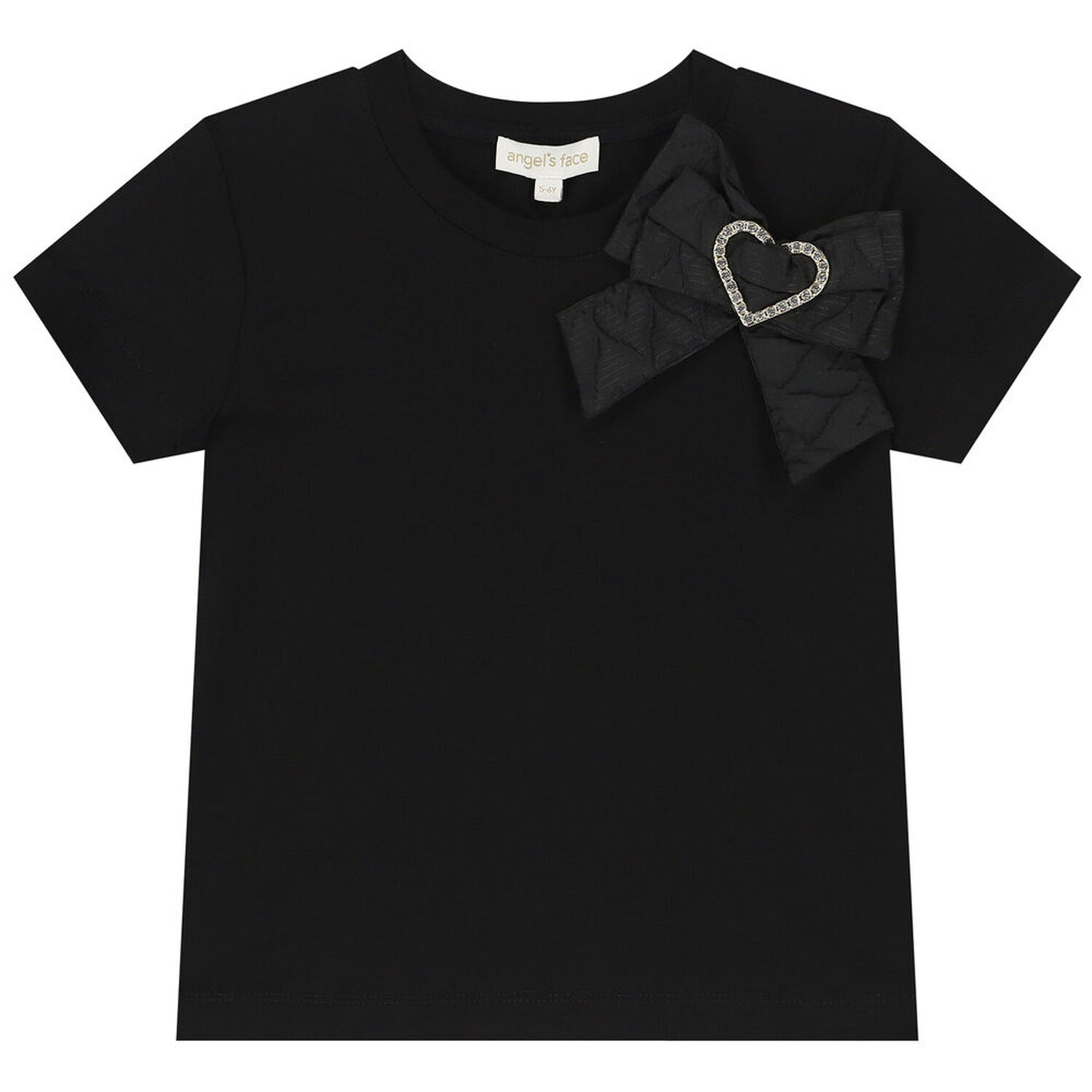 Girls Black Jacquard Heart Bow T-Shirt, 2, hi-res image number null
