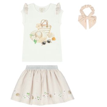 Girls White & Beige Striped Skirt Set