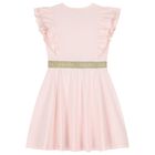 Girls Pink & Gold Logo Ruffled Dress, 2, hi-res