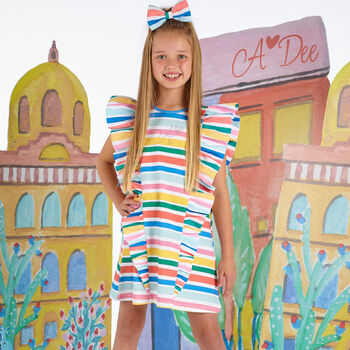 Girls Rainbow Stripe Ruffle Dress