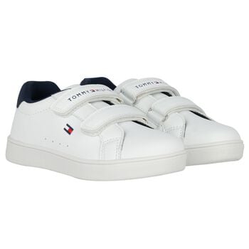Boys White & Navy Blue Logo Trainers