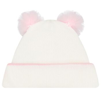 Baby Girls White Tulle Pom Pom Beanie Hat