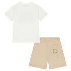 Boys White & Beige Shorts Set, 1, hi-res