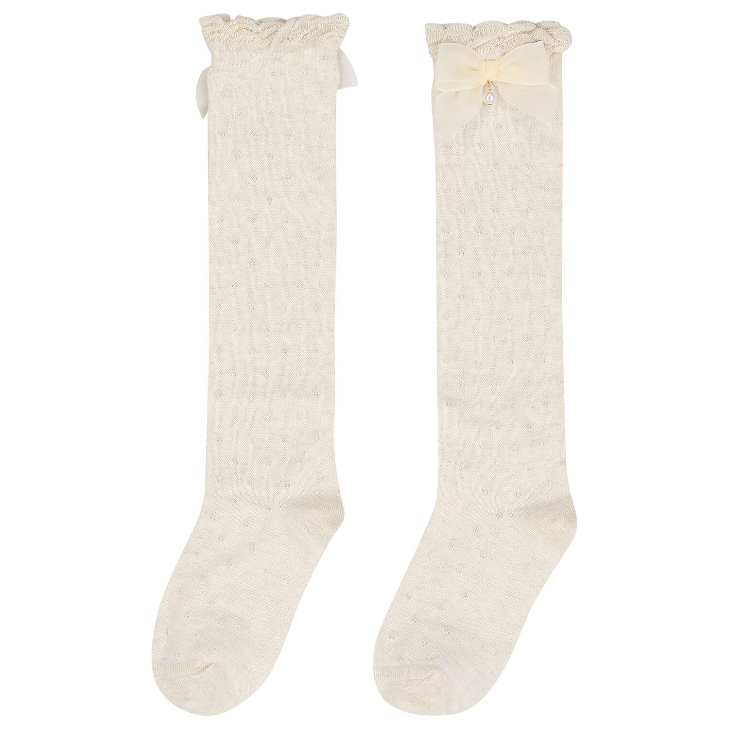 Girls Beige Bow Knitted Socks, 1, hi-res