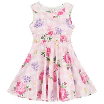 Girls Pink & White Floral Gingham Dress