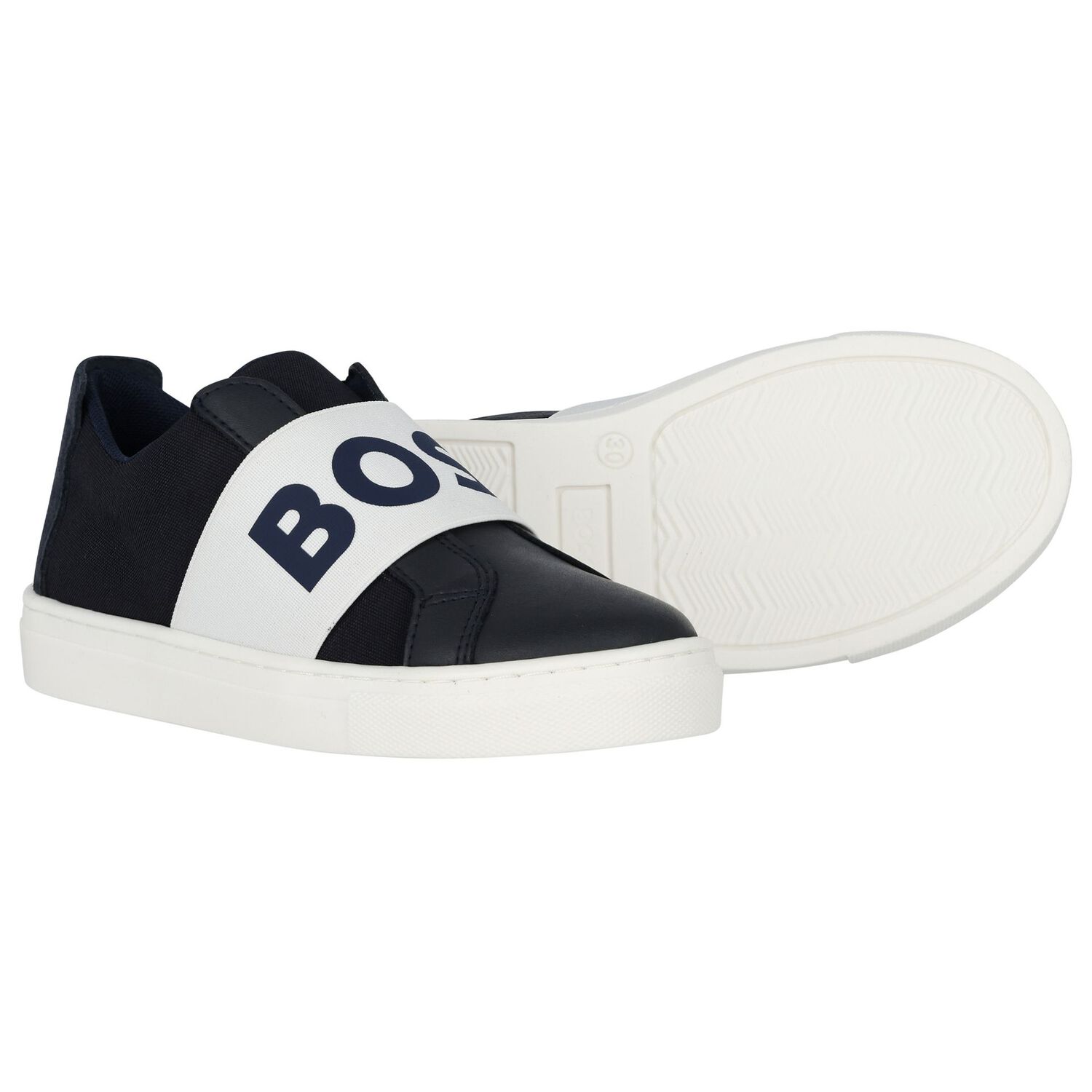 Boys Navy Blue Leather Trainers, 1, hi-res