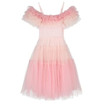 Girls Pink Embellished Ruffle Tulle Dress
