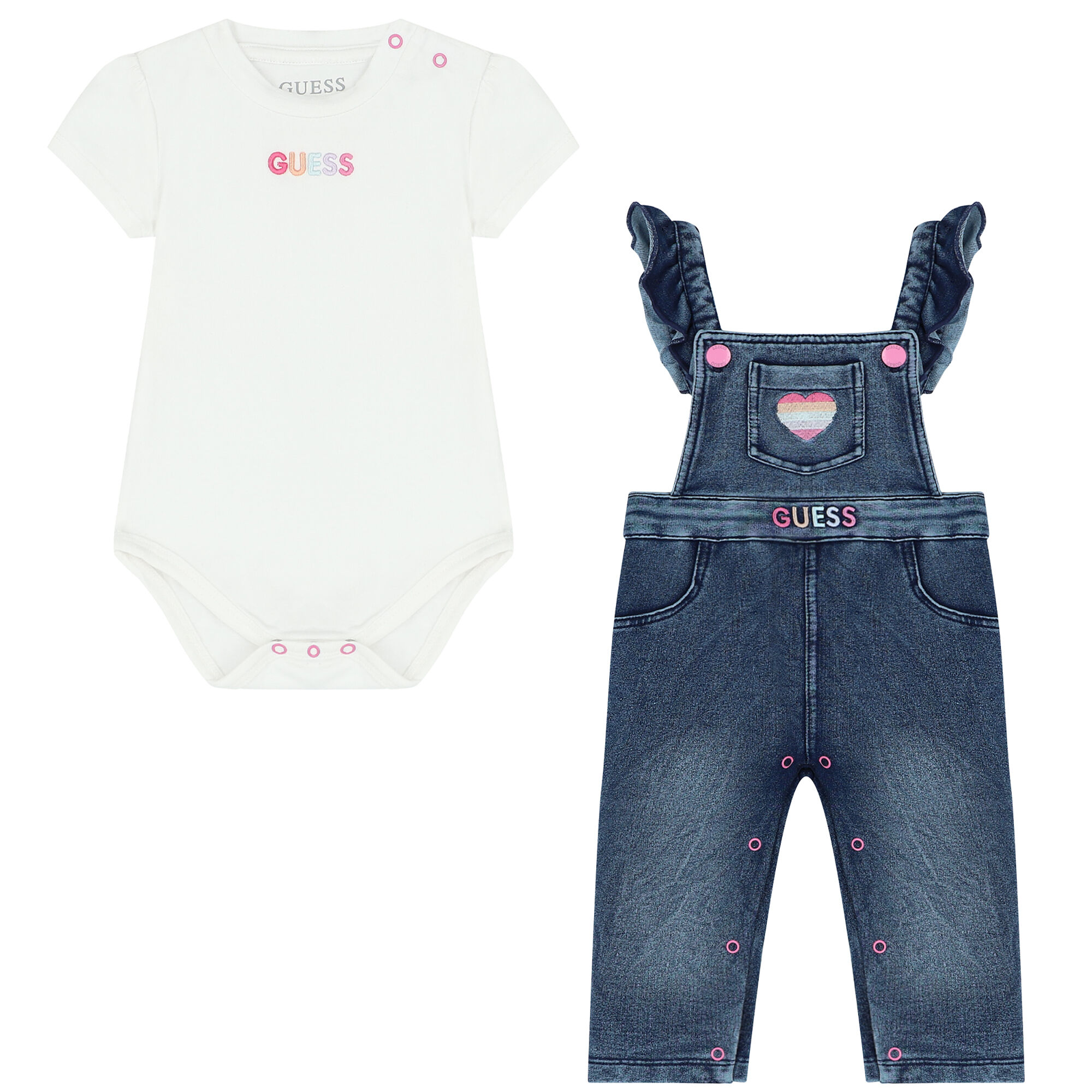 Guess Baby Girls White Blue Logo Dungaree Set Junior Couture