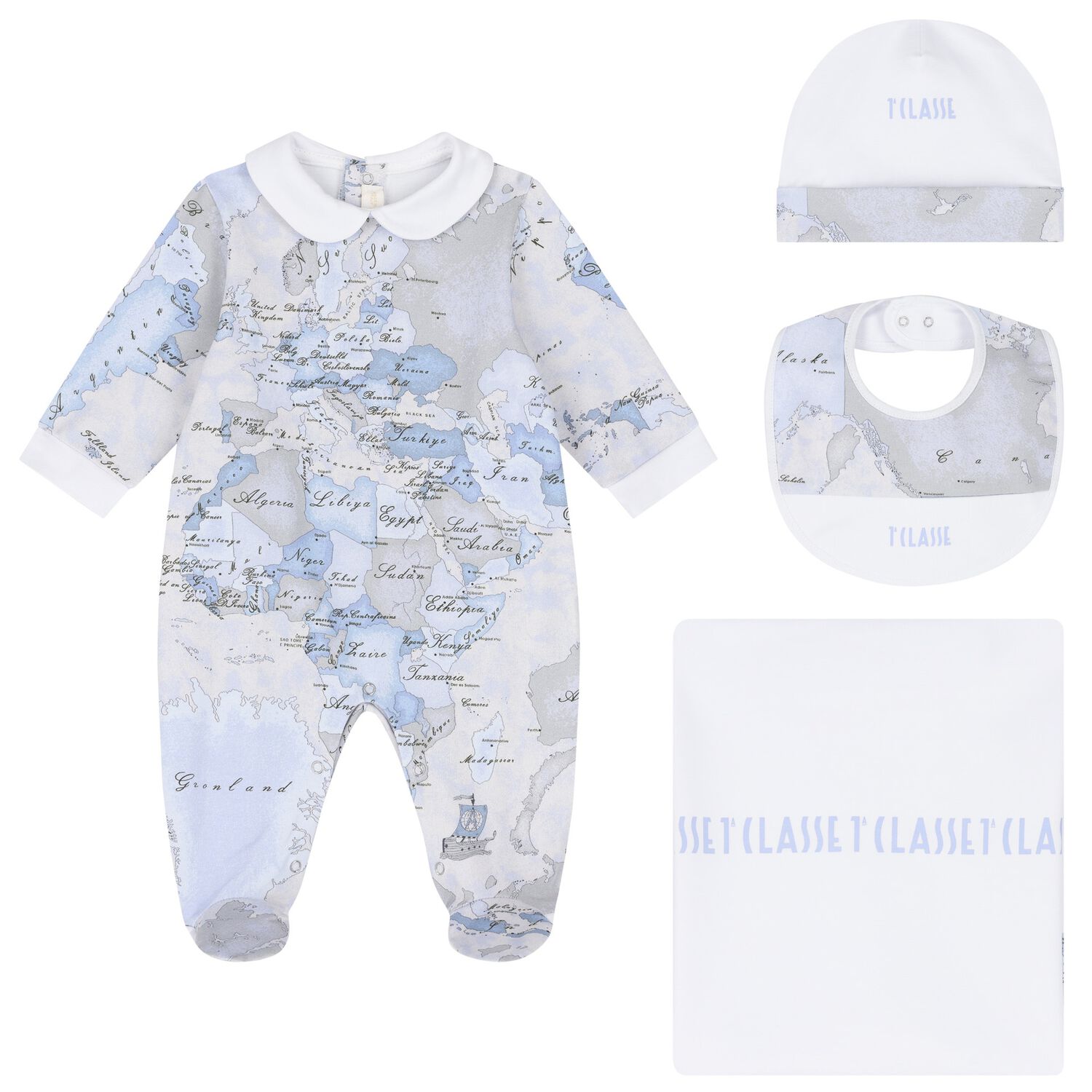 Baby Boys White & Blue Geo Map Babygrow Gift Set, 2, hi-res