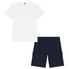 Boys White & Navy Blue Shorts Set, 1, hi-res