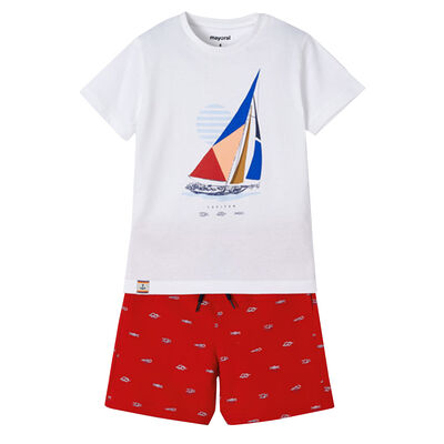 Boys White & Red Boat Shorts Set