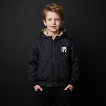 Boys Black & Beige Reversible Hooded Zip Up Top