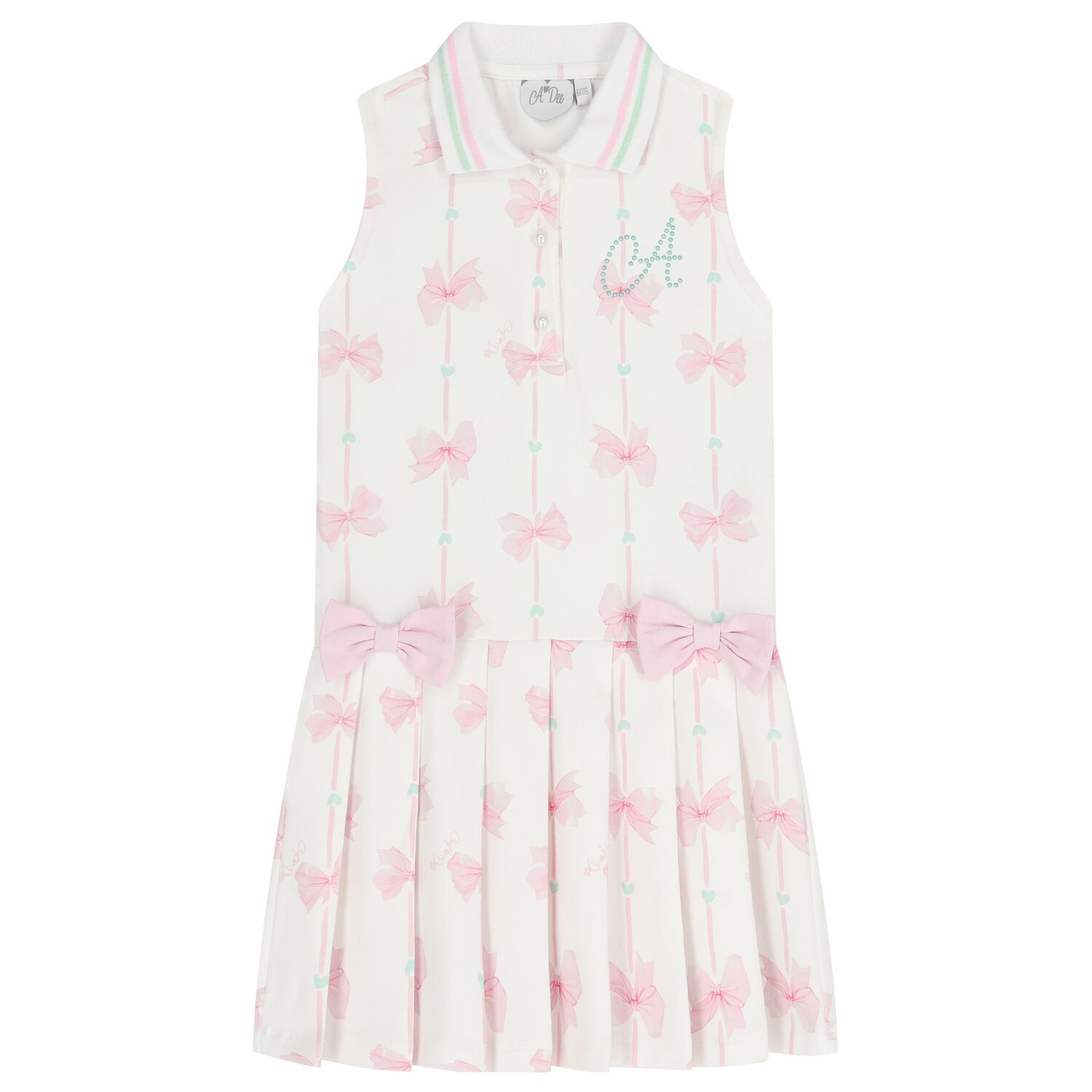 Girls White & Pink Bow Dress, 1, hi-res