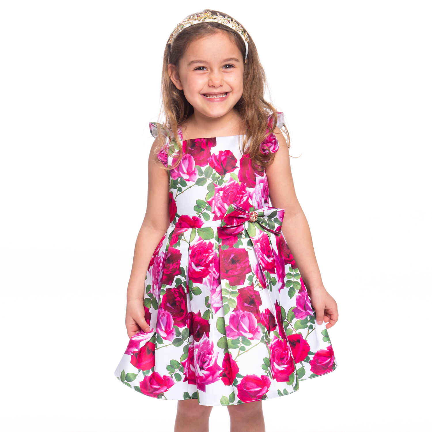 Girls White & Pink Rose Satin Dress, 1, hi-res image number null