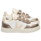 Girls White & Gold Leather Trainers , 1, hi-res