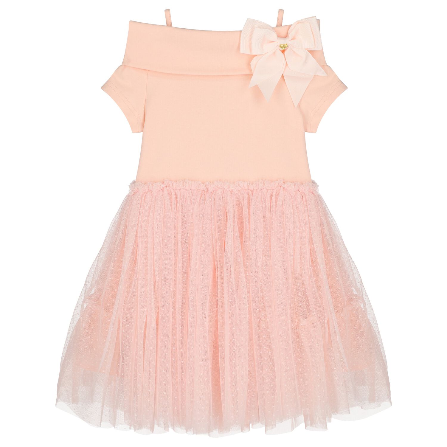 Girls Pink Bow Tulle Dress, 1, hi-res