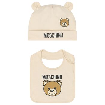 Beige Teddy Bear Logo Hat & Bib Baby Gift Set
