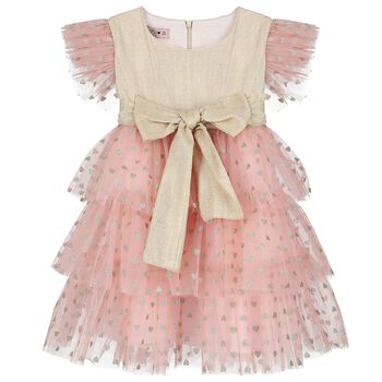 Girls Gold & Pink Tulle Bow Dress
