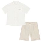 Boys White & Beige Shorts Set, 1, hi-res