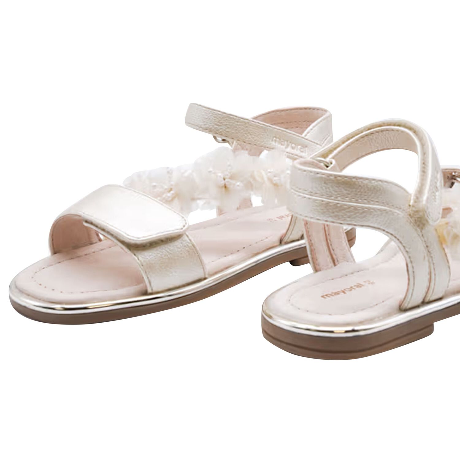 Girls Gold Metallic Floral Sandals, 1, hi-res