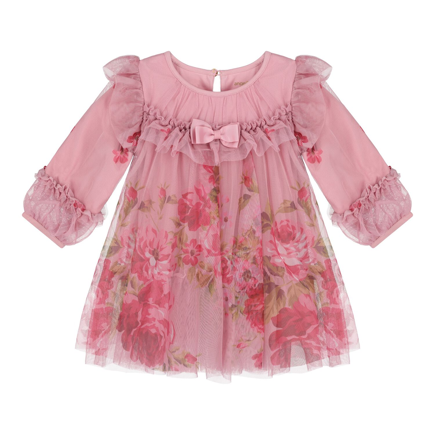 Baby Girls Pink Floral Ruffled Tulle Dress, 1, hi-res
