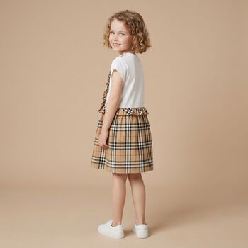 Girls White & Beige Check Ruffled Dress