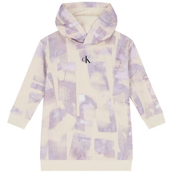 Girls Beige & Purple Logo Hooded Dress