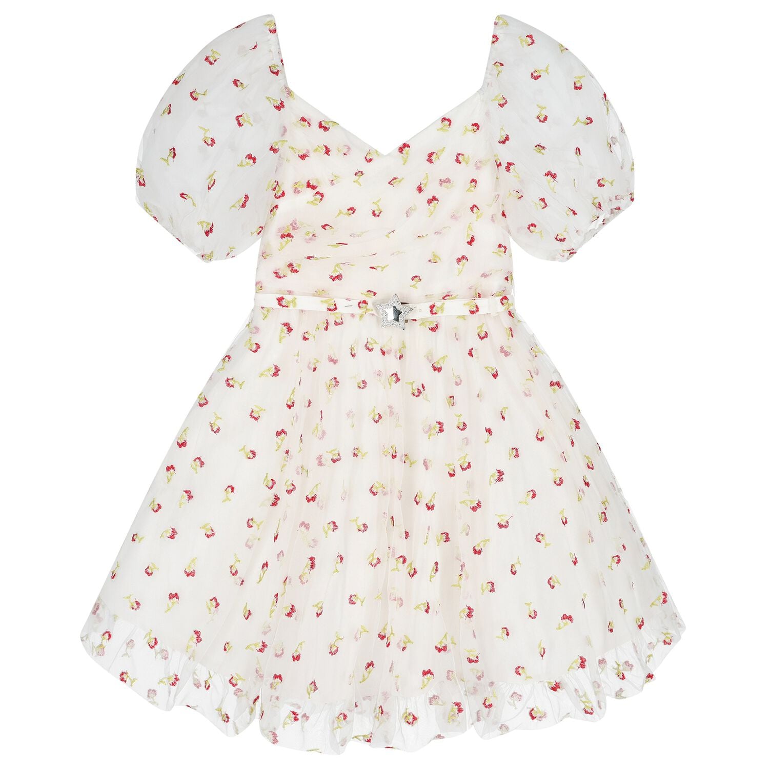Girls White Floral Tulle Dress, 1, hi-res