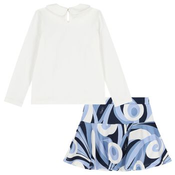 Girls White & Blue Logo Swirl Skirt Set
