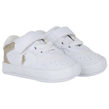 Ralph Lauren Baby Boys White & Gold Logo Pre Walker Shoes, 1 Baby Boys White & Gold Logo Pre Walker Shoes