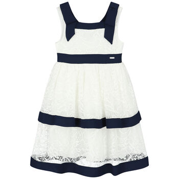Girls White & Navy Lace Dress