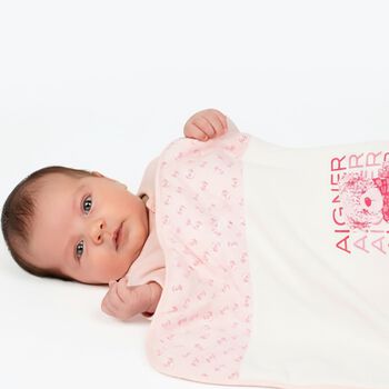 Baby Girls White & Pink Teddy Bear Logo Blanket 