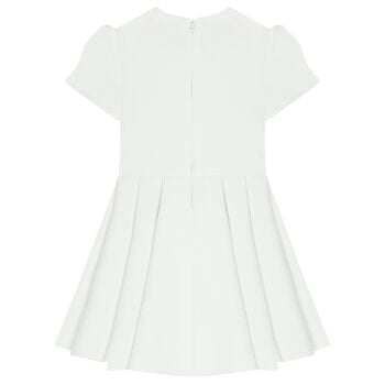Girls White Diamante Logo Pleated Dress
