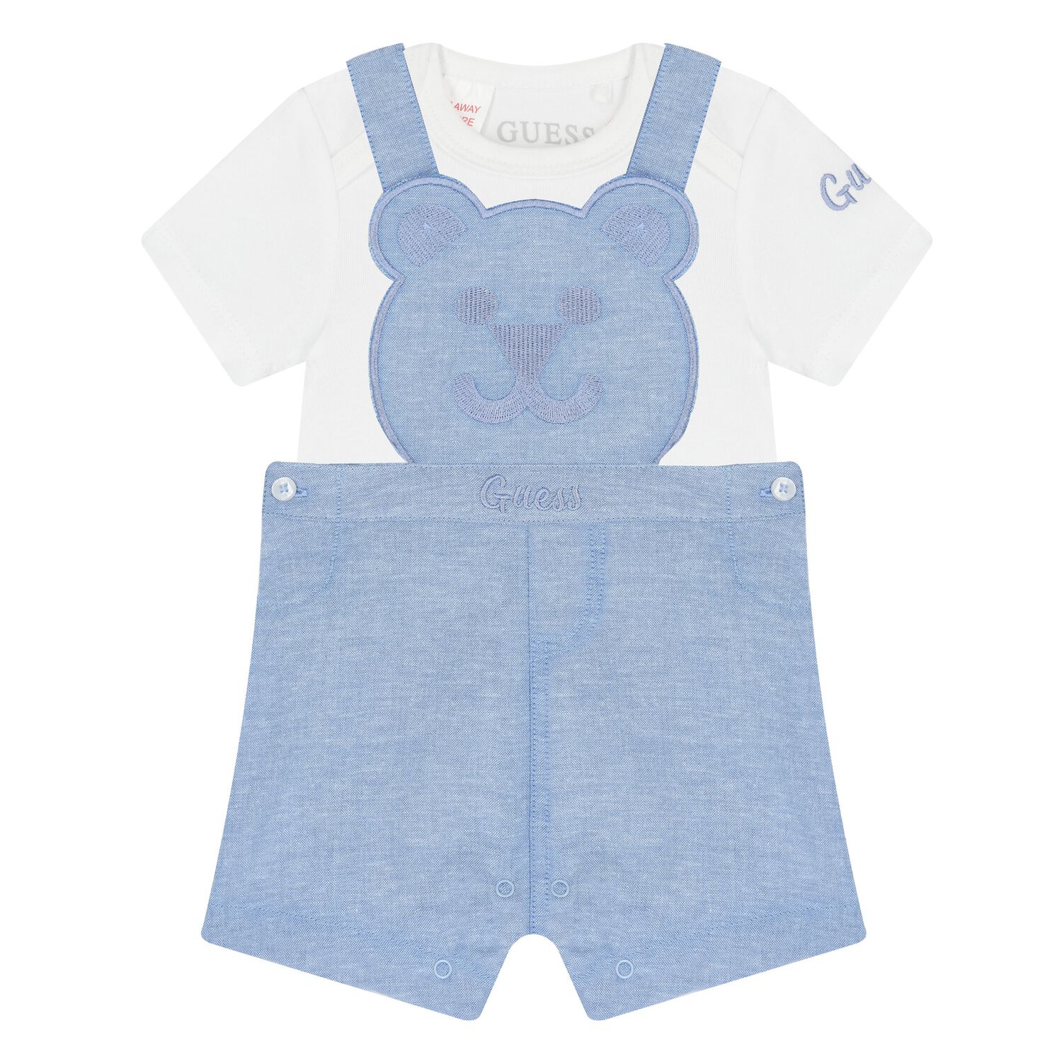 Baby Boys White & Blue Cotton Dungaree Set, 1, hi-res