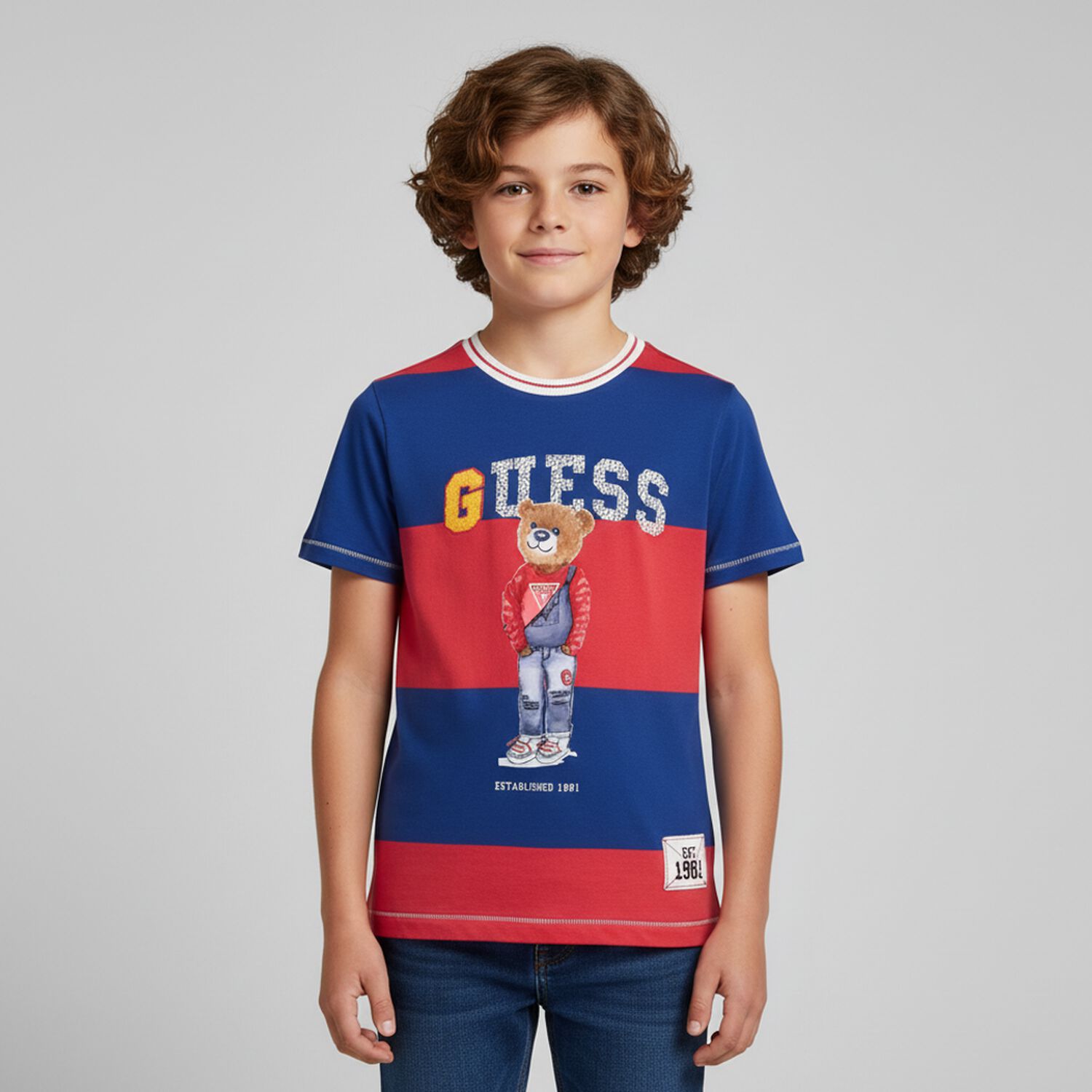 Boys Red & Blue Striped Teddy Bear T-Shirt, 1, hi-res