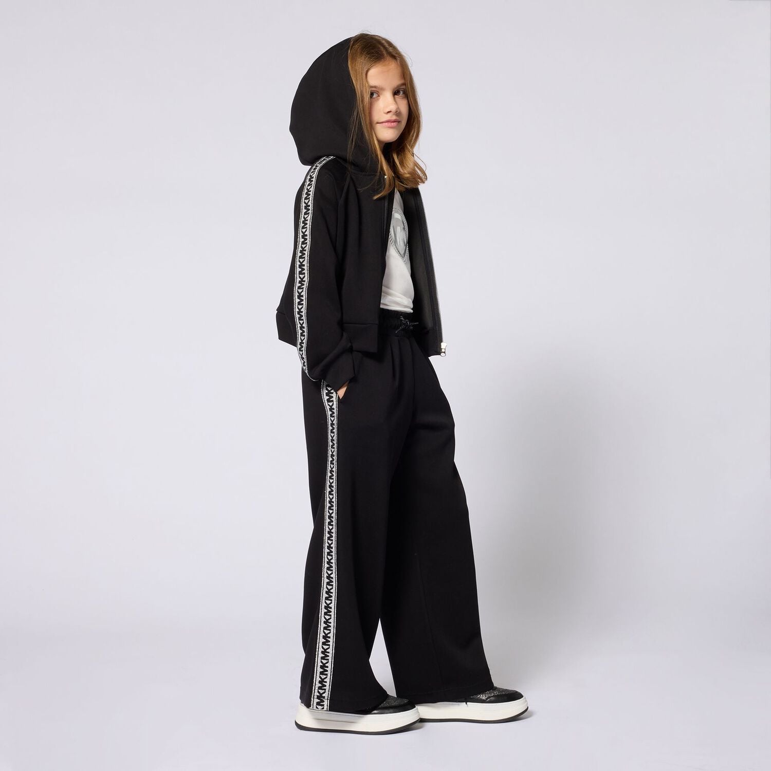 Girls Black Logo Hooded Zip Up Top, 1, hi-res