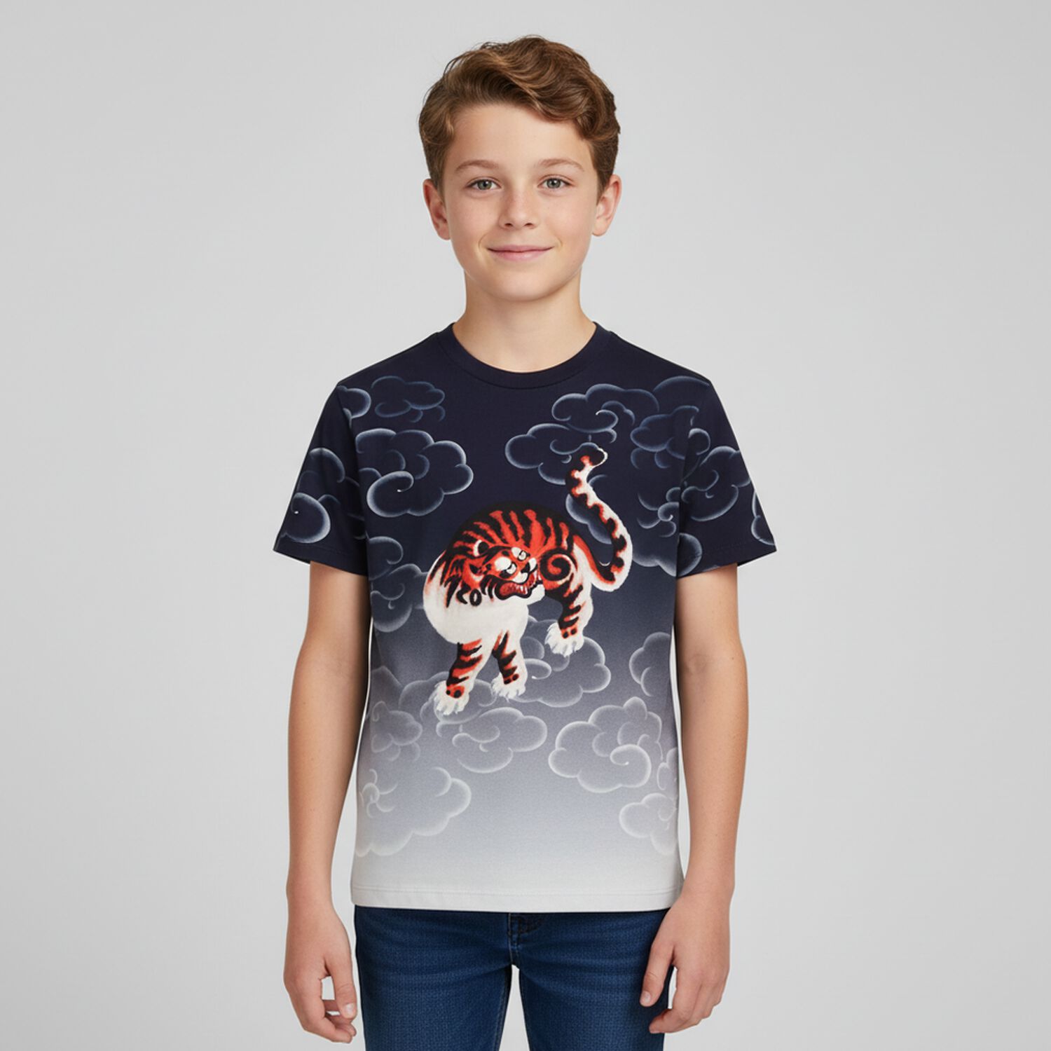 Navy Blue & White Tiger Logo Ombre T-Shirt, 1, hi-res image number null