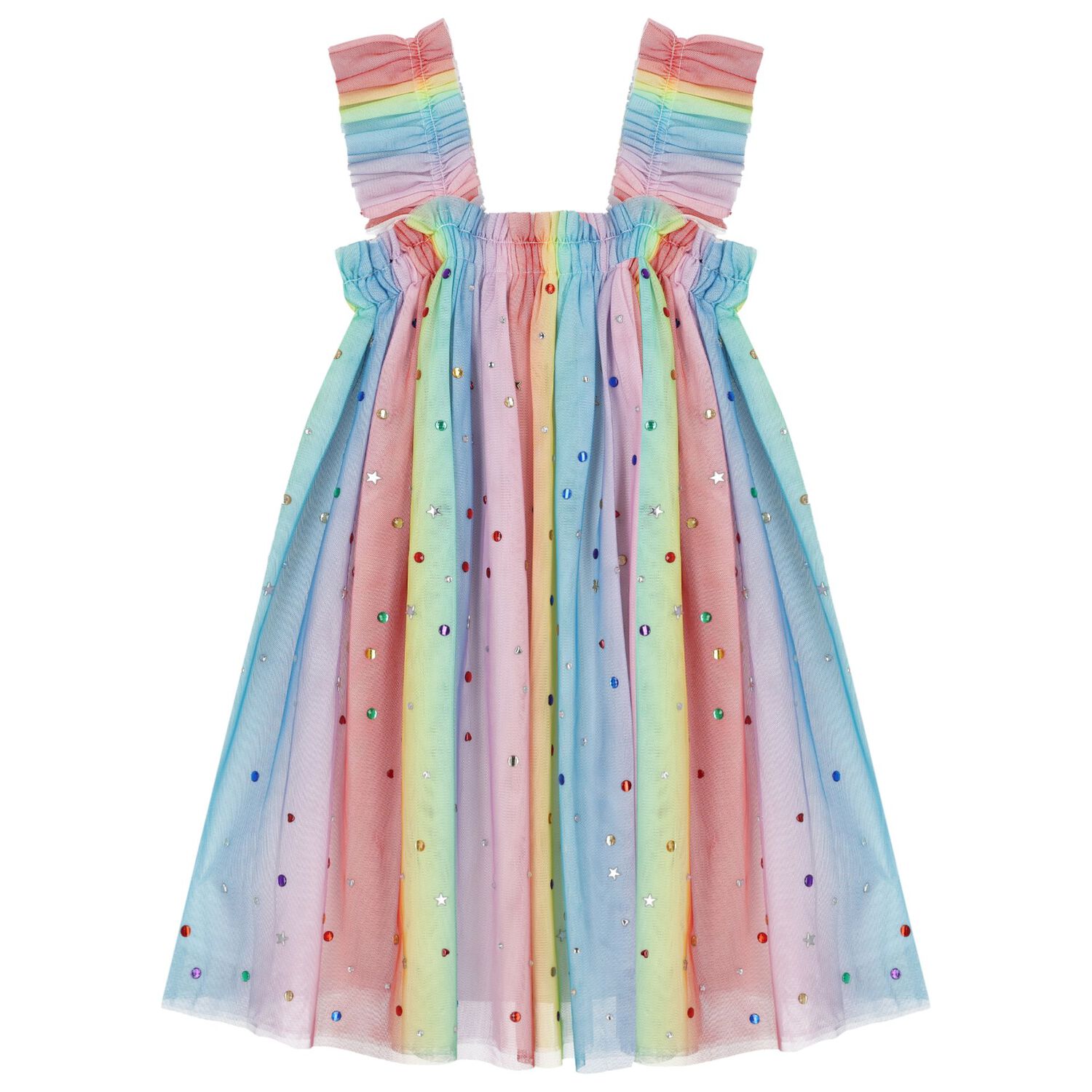 Girls Rainbow Embellished Tulle Dress, 1, hi-res