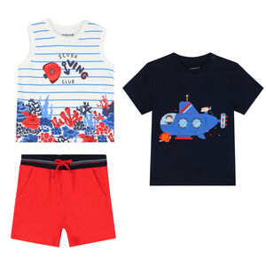 Younger Boys White, Navy & Red Shorts Set