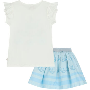 Girls White & Blue Embellished Crown Skirt Set