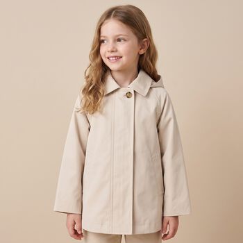 Girls Beige Hooded Zip Up Top
