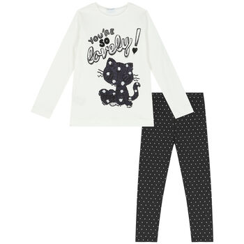 Girls White & Black Cat Leggings Set