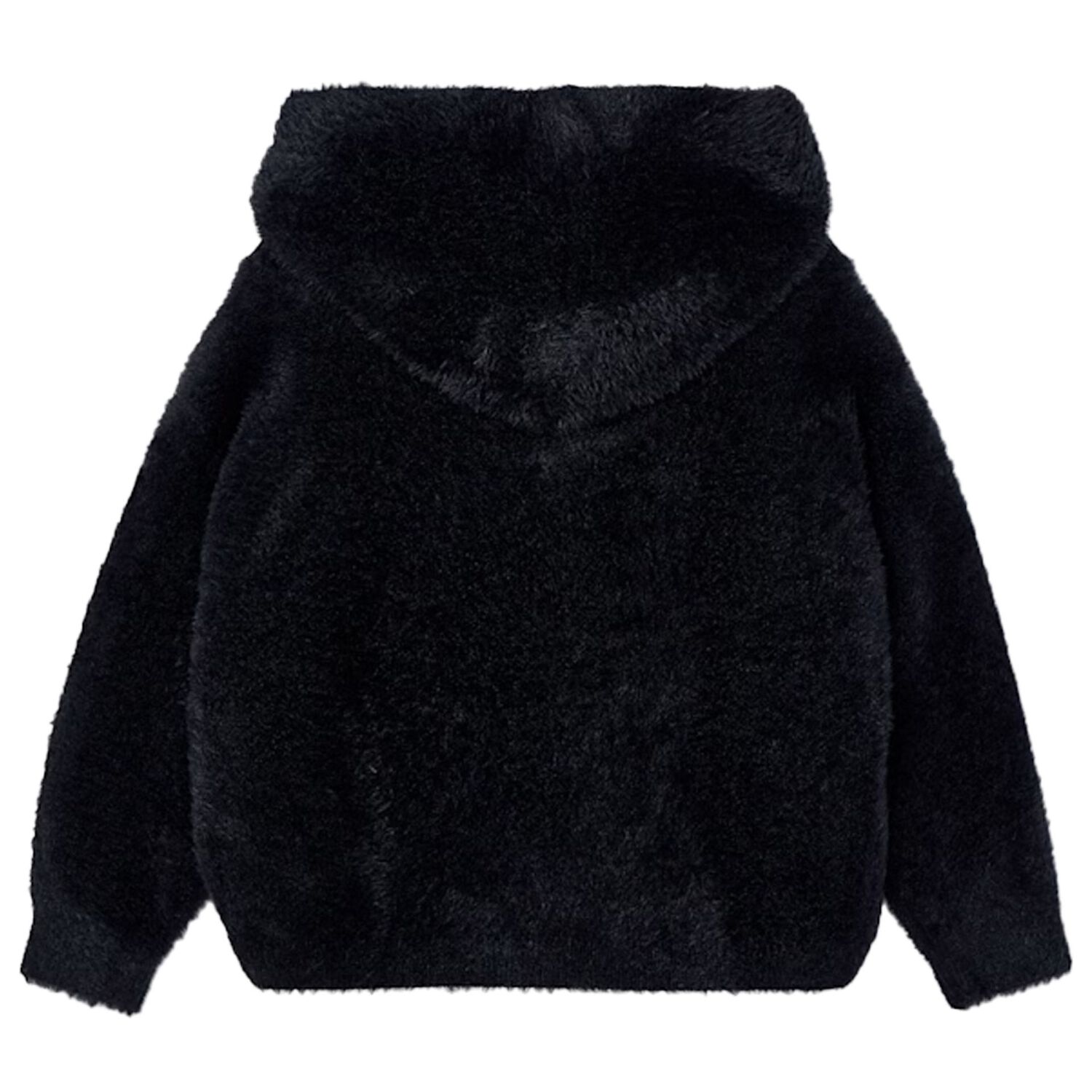 Girls Black Fluffy Knit Hooded Zip Up Top, 1, hi-res image number null