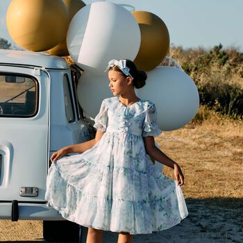 Girls Blue Floral Chiffon Dress