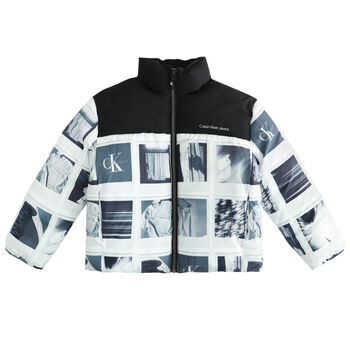 Boys White & Black Logo Puffer Jacket