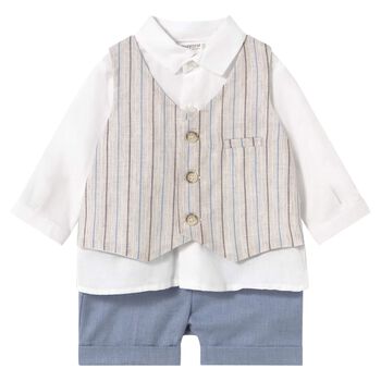 Baby Boys Beige, Blue & White Shorts Set